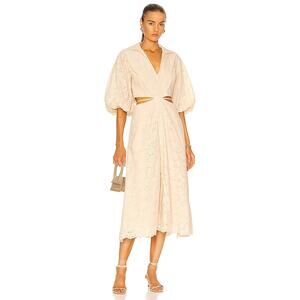 Jonathan Simkhai Frida Oat V-Neck Eyelet Button Front Puff Sleeve Midi Dress NWT